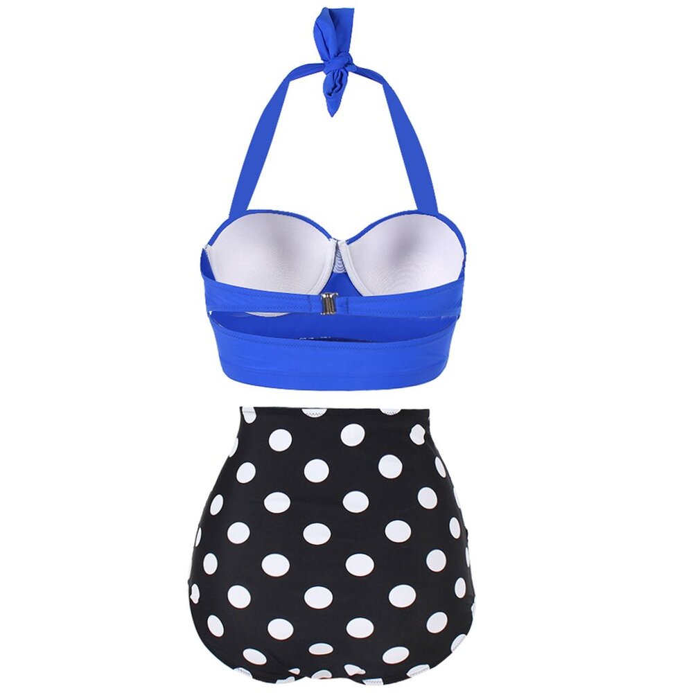 Blue Halter Bikini Top with Black & White Polka Dot High-Waist Bottoms - Picture 5 of 8